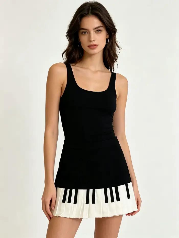 Jupe mi-longue ajustée à motif piano noir et blanc pour femme, collection printemps-été, taille haut