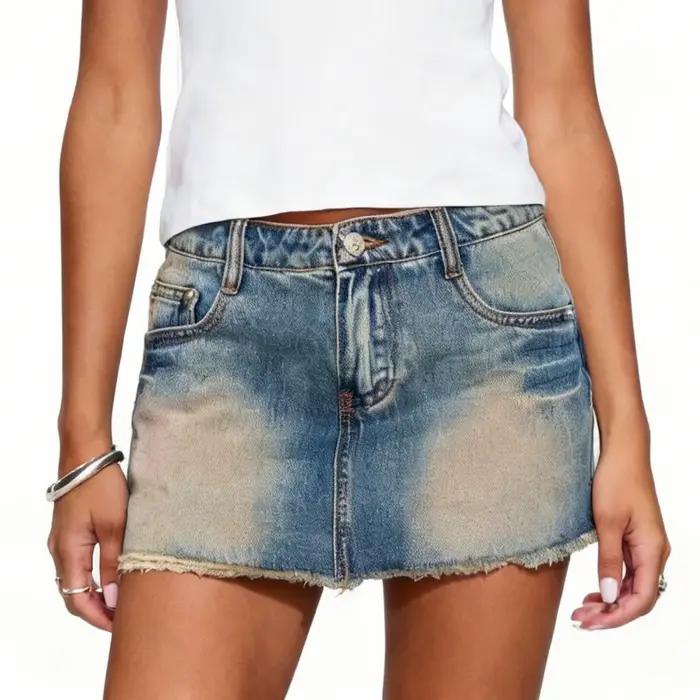 Jupe en jean Y2K pour femme, tendance, à ourlet effiloché, lavée, taille basse, moulante, mini-jupe 