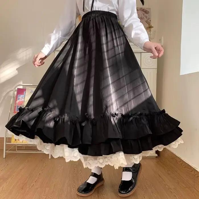 Jupe femme Vintage français élégant à volants Double couche demi-jupe Lolita jupes longues femmes mo