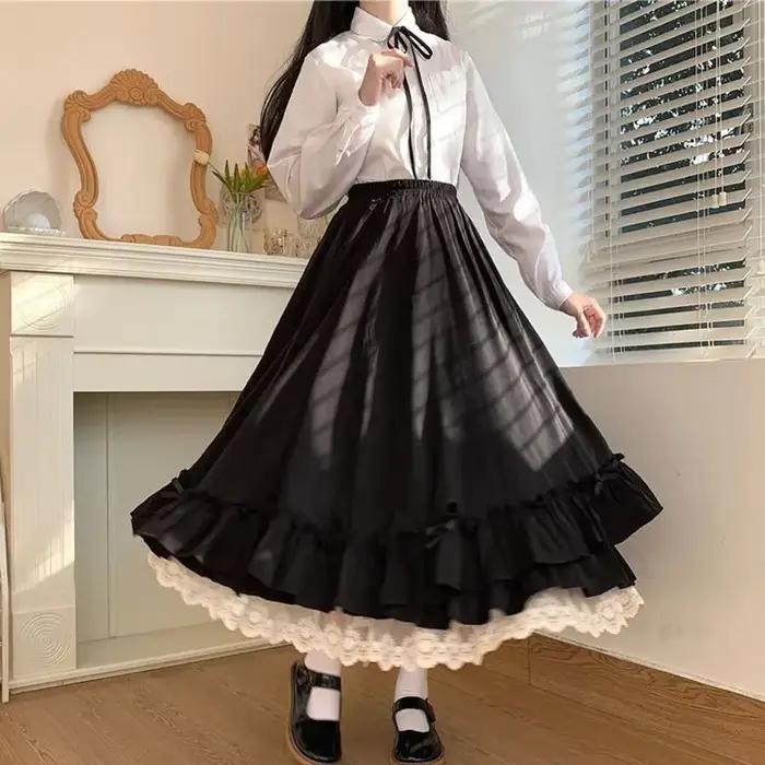 Jupe plissée à volants japonais pour femme, douce, taille haute, ample, longueur cheville, Style col