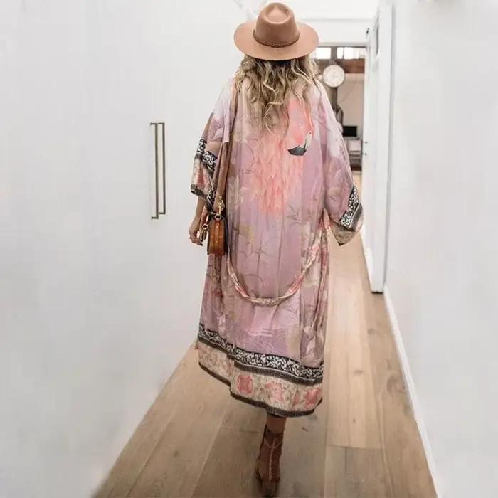 Kimono long pour femme 2025 – Cache-maillot de bain rose imprimé bohème avec ceinture intégrée, paré