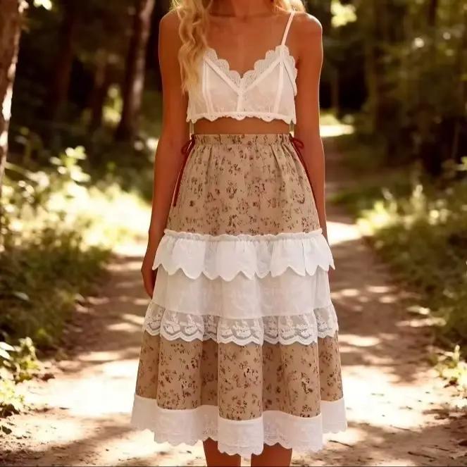 Jupe midi à volants pour femme, imprimé floral vintage, avec bordure en dentelle et détail nœud