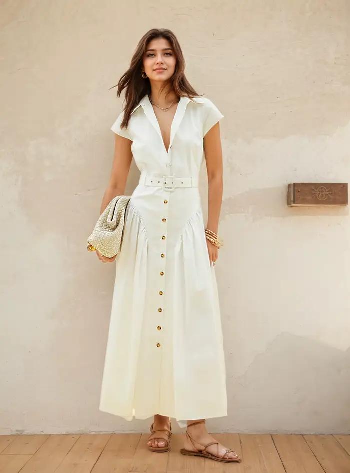 Robe longue à col français pour femme, mode estivale, simple et élégante, coupe ajustée à simple bou