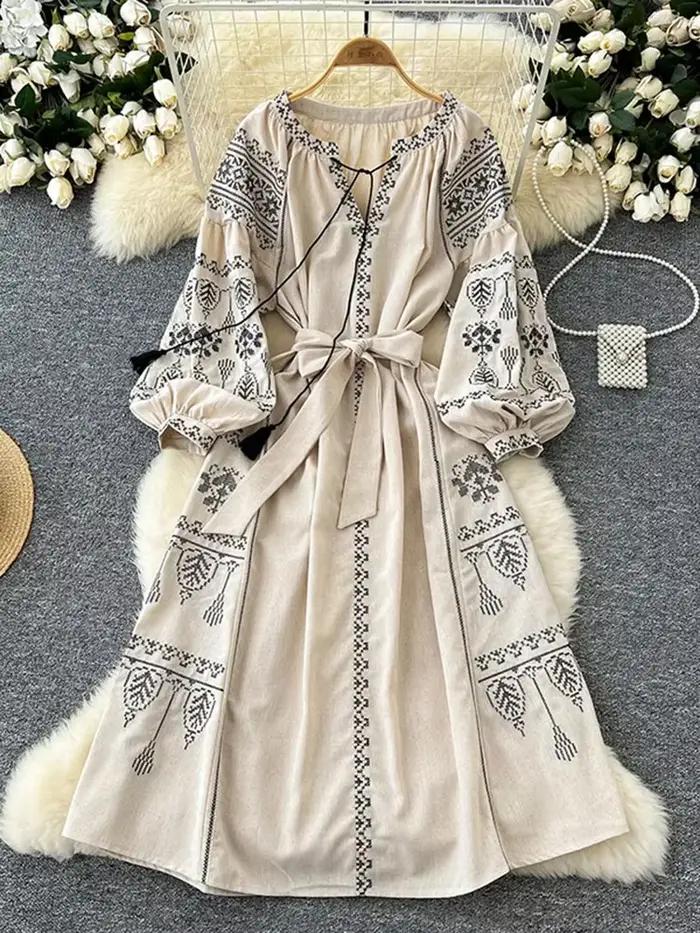 Robe Vintage de Style ethnique pour femmes, manches longues, Slim, ligne a, style Boho, en coton et 