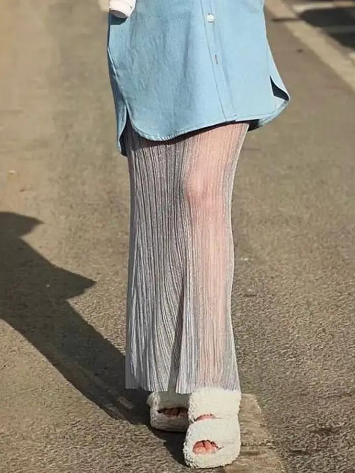 Puloru-Jupe longue en maille transparente pour femme, taille haute, ronde, plissée, décontractée, ru