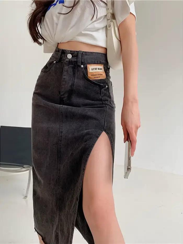 KarSaNy-Jupe en jean décontractée pour femme, fente latérale, sexy, longue, taille haute, vintage, l