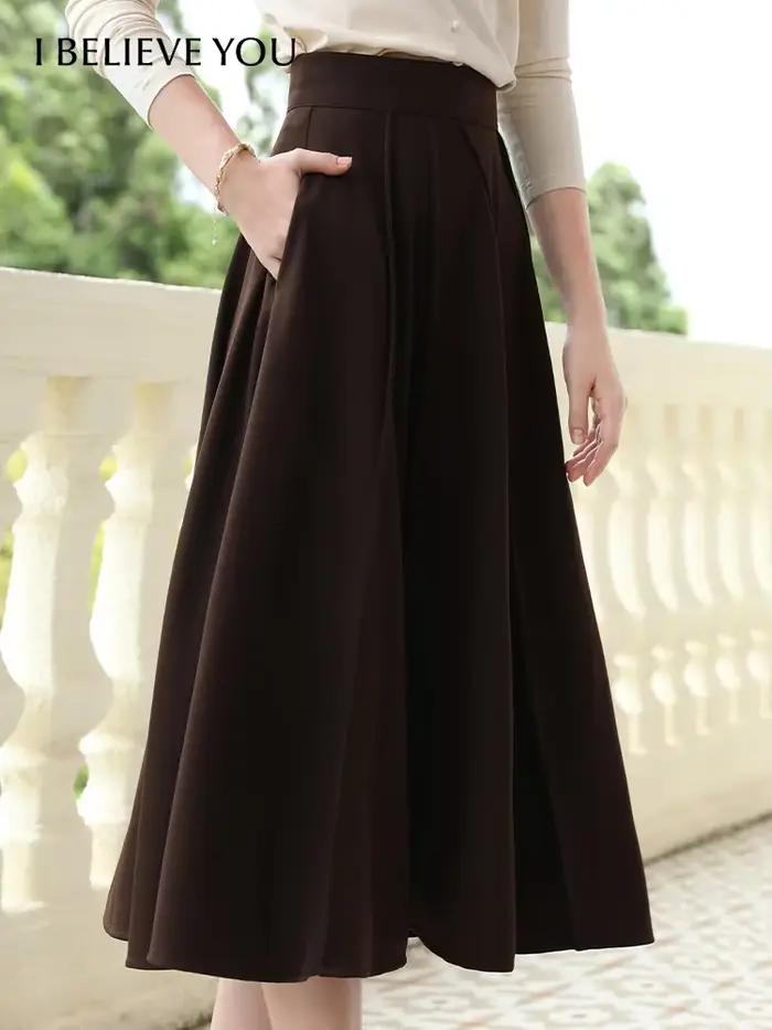 I BELIEVE YOU-Jupe trapèze marron pour femme, vêtements d'automne, taille haute, mince et longue, co