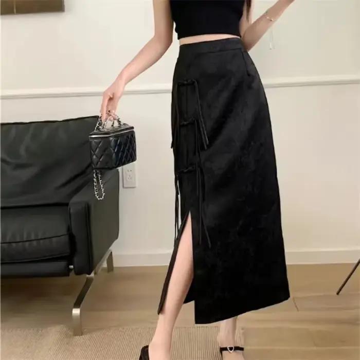 Jupe fendue noire Vintage pour femmes, nouveau Style chinois rétro, taille haute, Slim, mi-longue, v