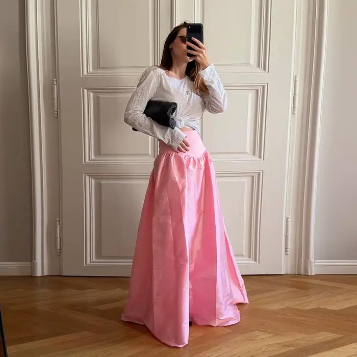Jupe longue élégante en satin rose vif, taille haute, coupe trapèze, pour l'été, longueur ras du sol