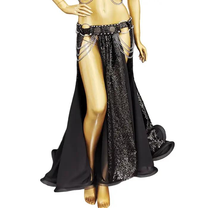 Jupe de costume Bellyylene à paillettes brillantes pour femmes et filles, jupe longue de danse du ve