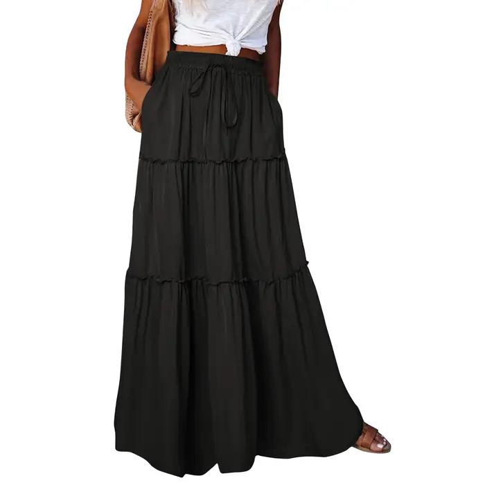 Jupe longue monochromatique pour femmes, taille élastique, robe décontractée taille haute, robe mi-l