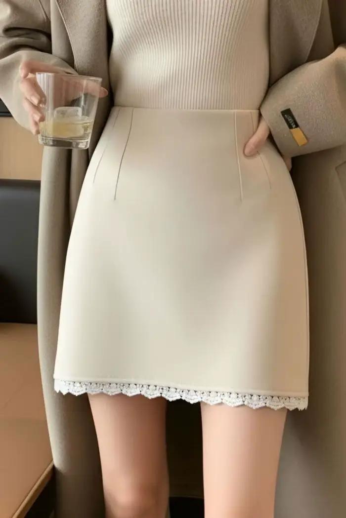 Jupe mi-longue en laine pour automne et hiver, fine et épaisse pour femmes, jupe trapèze taille haut
