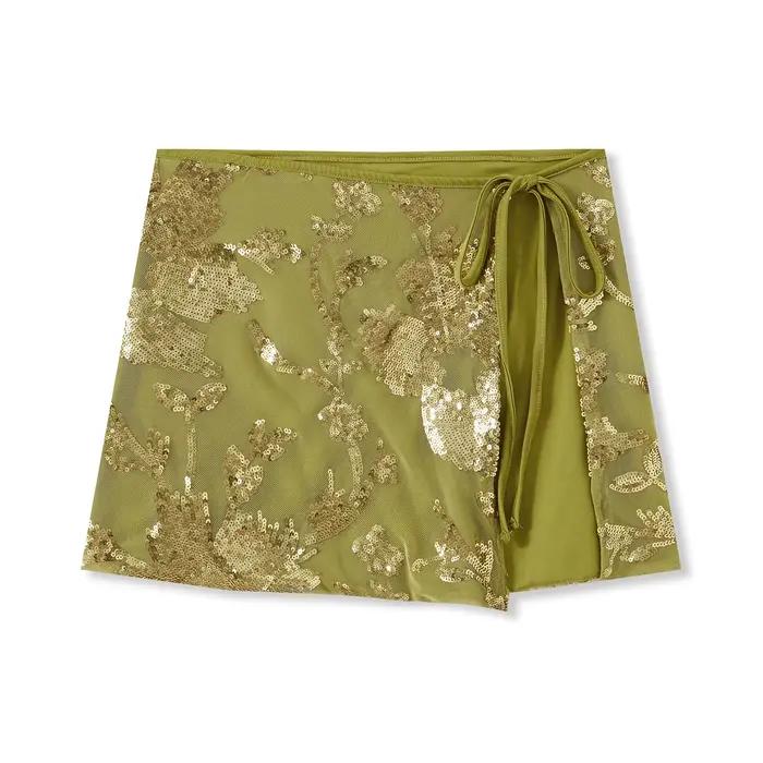 Mini jupes à paillettes scintillantes pour femmes, jupe fendue à nouer sur le côté, tendance, taille