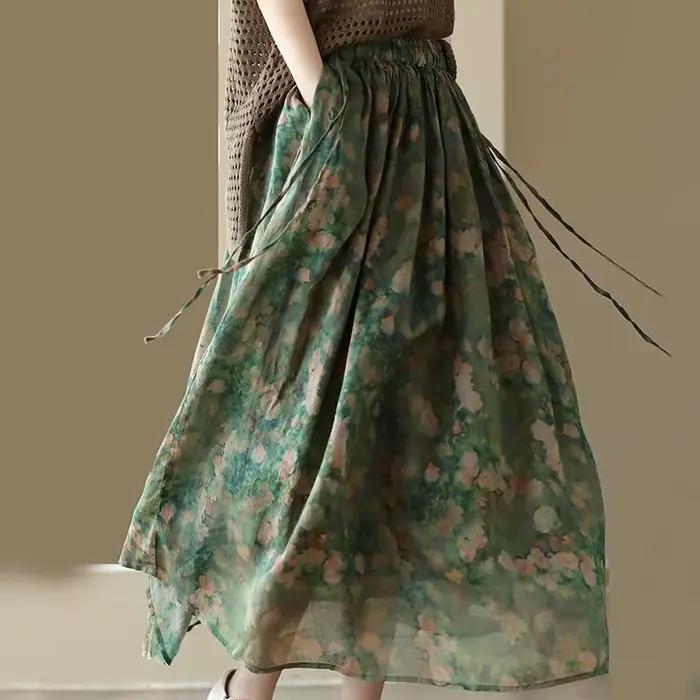 Jupe longue imprimée Vintage en coton et lin, motif Floral, taille élastique, cravate, été, fluide, 