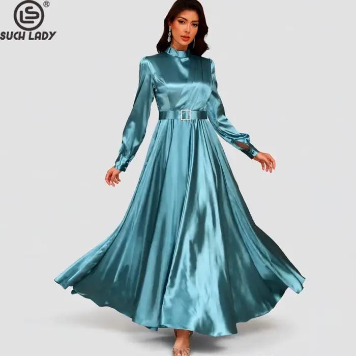 Robe maxi en satin turquoise pour femmes, robe de soirée à manches longues et col montant avec ceint