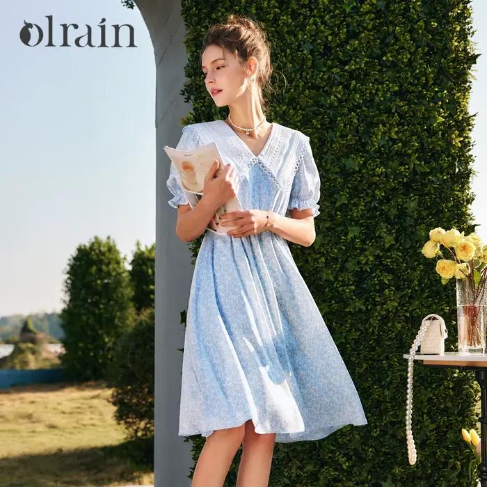 Robe longue femme OLrain col marin, style français, imprimé floral, coupe trapèze, manches bouffante