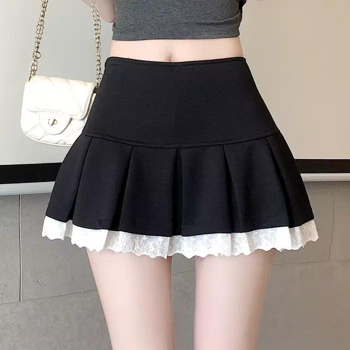 Mini-jupe plissée avec bordure en dentelle, taille haute avec short intégré, mini-jupe pour femmes, 