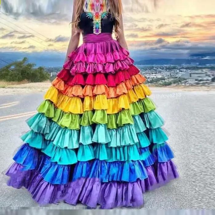 Jupes longues à plusieurs niveaux arc-en-ciel pour femmes, ligne A, jupe bouffante, longueur au sol,