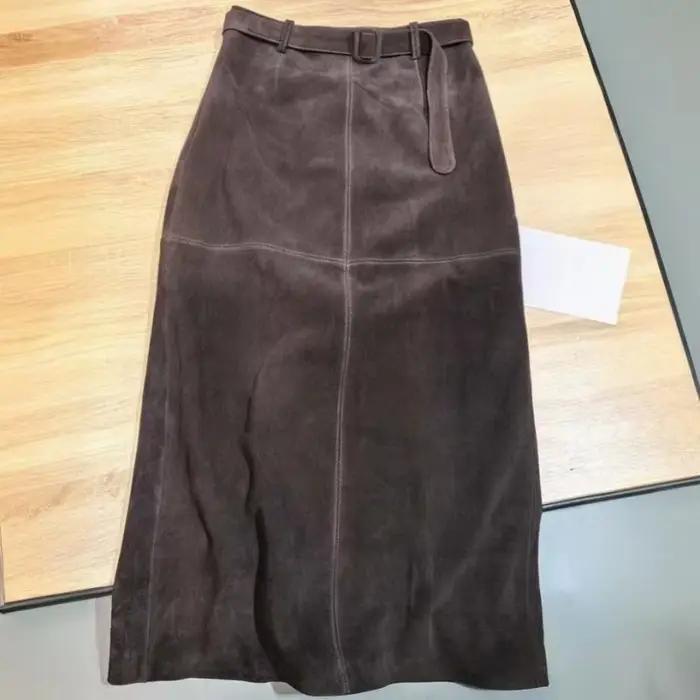 Jupes longues rétro en daim et cuir véritable pour femmes, couleur unie, ceinture taille haute de 88