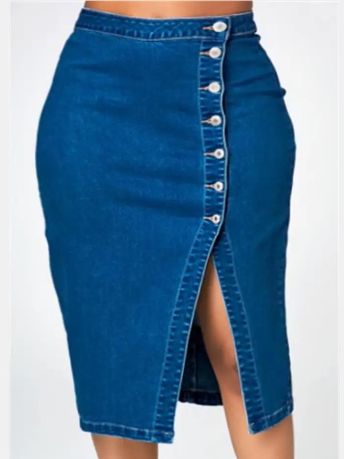 Jupe midi en jean grande taille pour femme, coupe trapèze, taille haute, boutonnée, pour tenue décon
