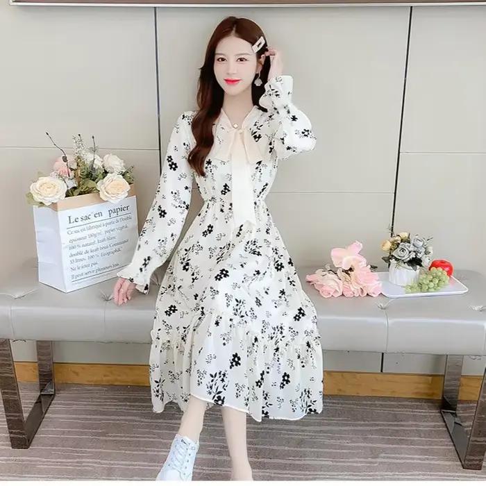 Robe florale 2025 automne et hiver nouvelle jupe longue à manches longues Style doux Style Long minc