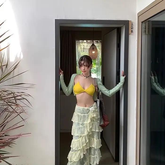 Jupe design en dentelle coréenne-jupe longue superposée élégante taille haute pour femmes jupe longu