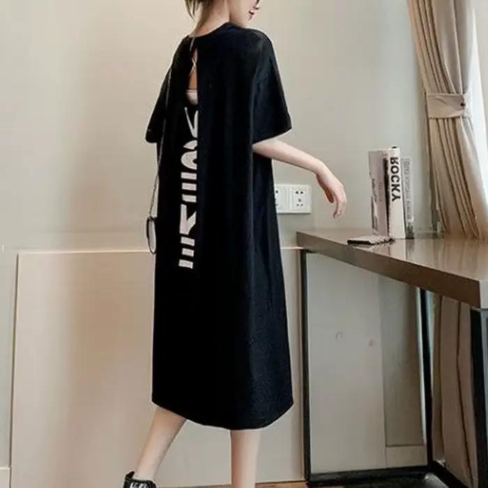 Robe longue droite à col rond pour femmes, robes d'été dos nu, manches courtes, vêtements décontract