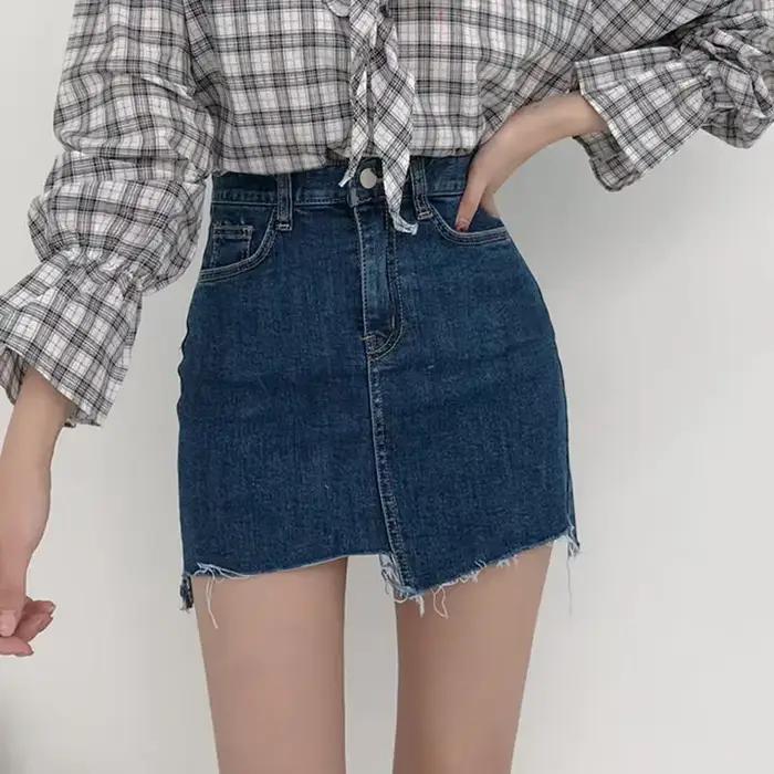 Jupes en jean pour femmes, courtes, irrégulières, taille haute, en jean, Sexy, Style coréen, bon mar