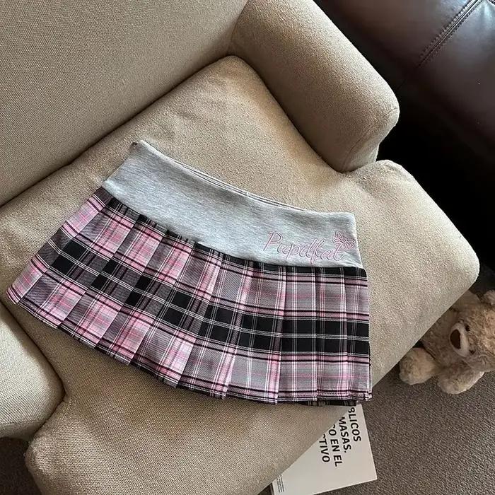 Jupe plissée à carreaux rétro pour femmes, Style japonais, taille haute, Patchwork brodé, Mini jupes