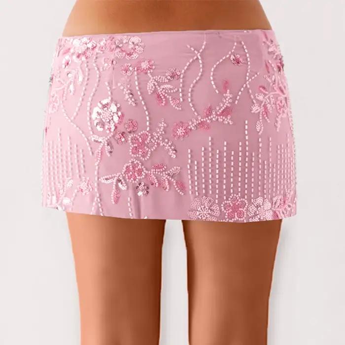 Femmes moulante jupe à paillettes jupe courte perlée fleur taille basse Mini jupes à paillettes bril