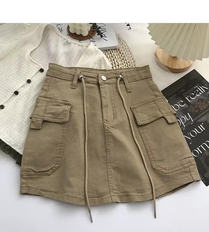 Mini-jupe en jean rétro taille haute avec cordons de serrage des deux côtés pour femme – Collection 