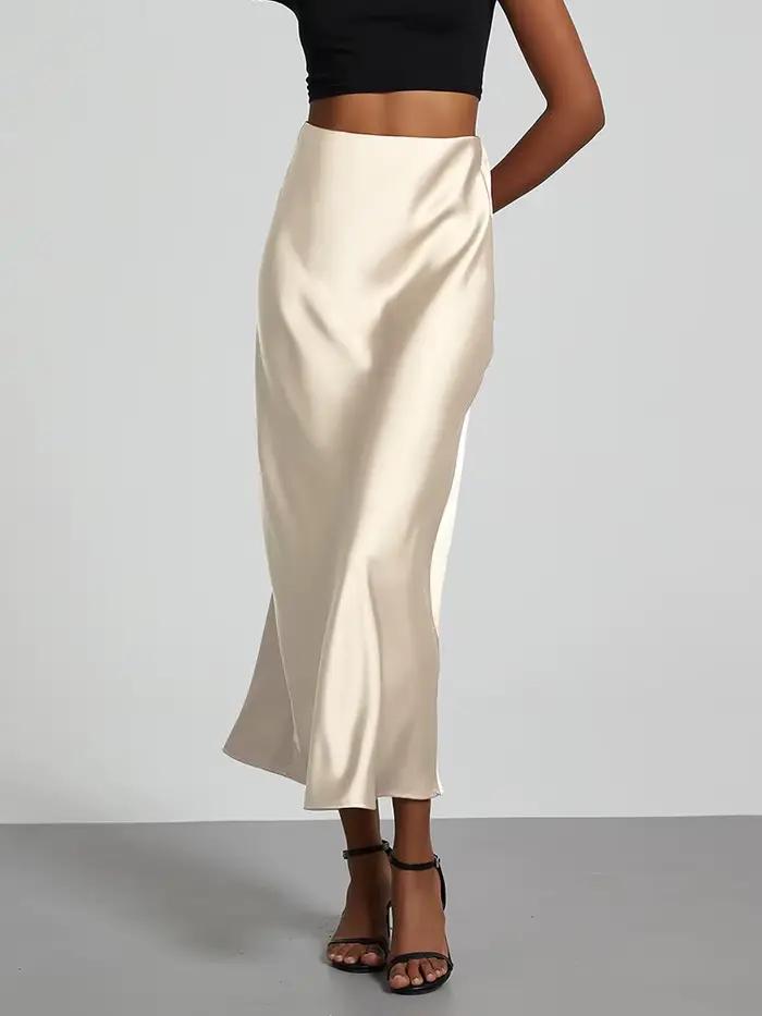 Mode Satin fête jupe longue taille haute couleur unie décontracté basique femmes jupes queue de pois