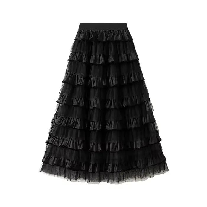 Jupe midi en tulle bouffant pour femme, taille haute, à volants étagés, coupe trapèze, style élégant