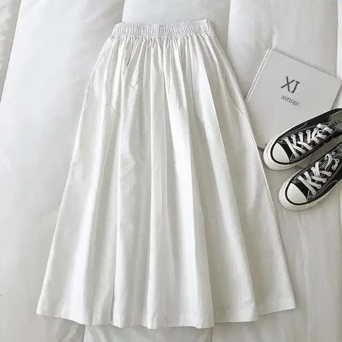 Y2K blanc Miidi jupe Vintage plissée longue jupe pour femme couleur unie élégant taille haute une li