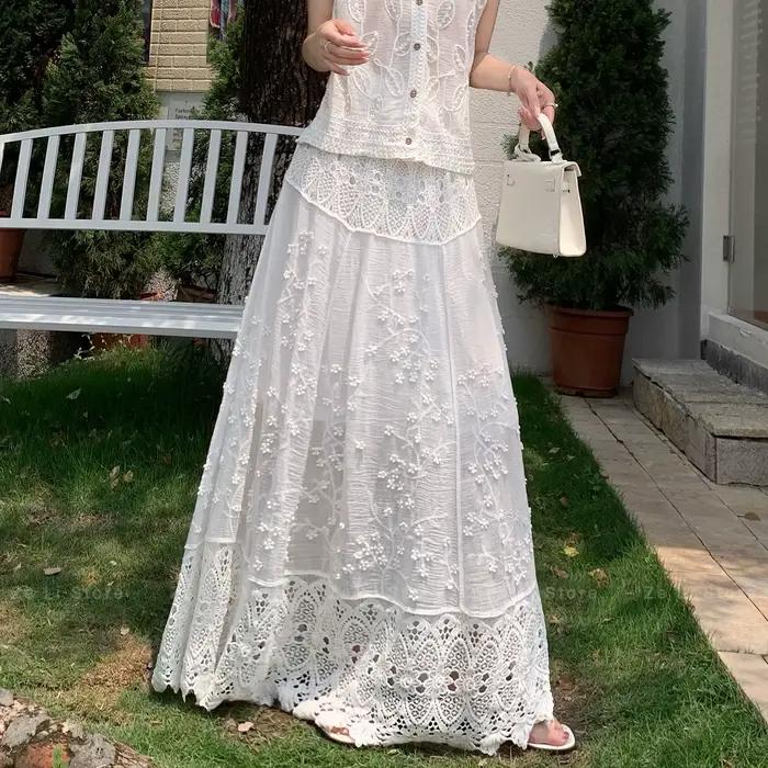 Jupe longue en crochet ajourée en dentelle pour femme, taille haute élastique, effet amincissant, dr