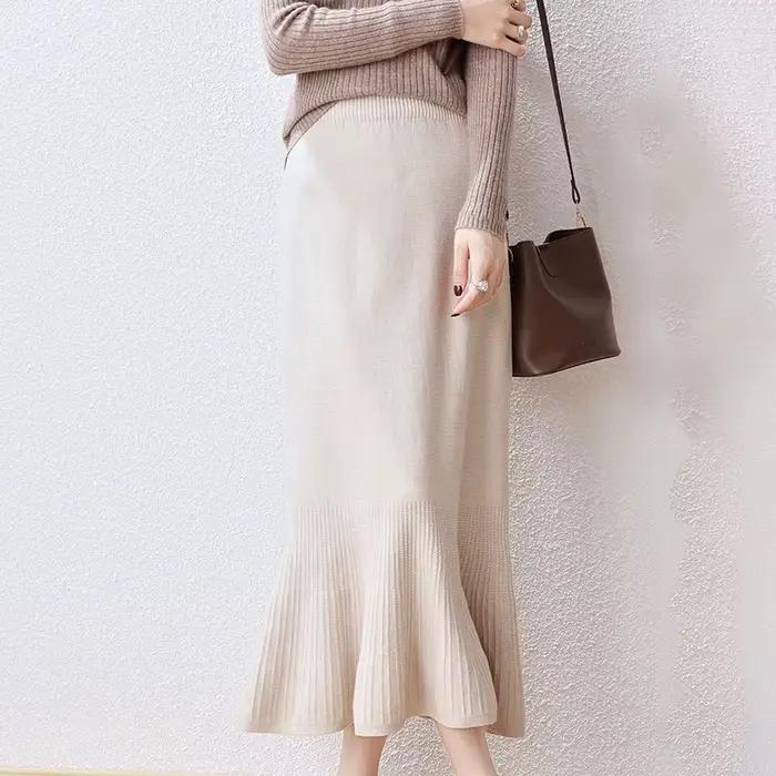 Jupe tricotée en laine pour femme, jupe queue de poisson, longue, ample, couleur unie, Slim, pull, n