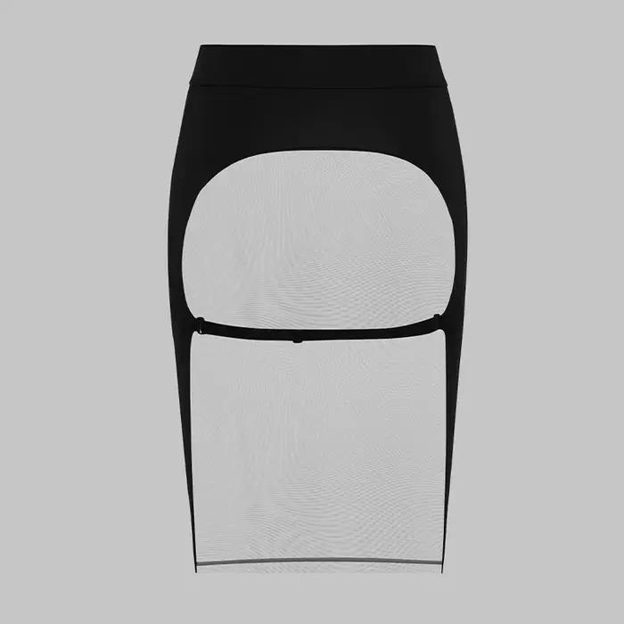 Jupe crayon moulante mi-longue en maille transparente patchwork pour femme avec bretelles réglables,