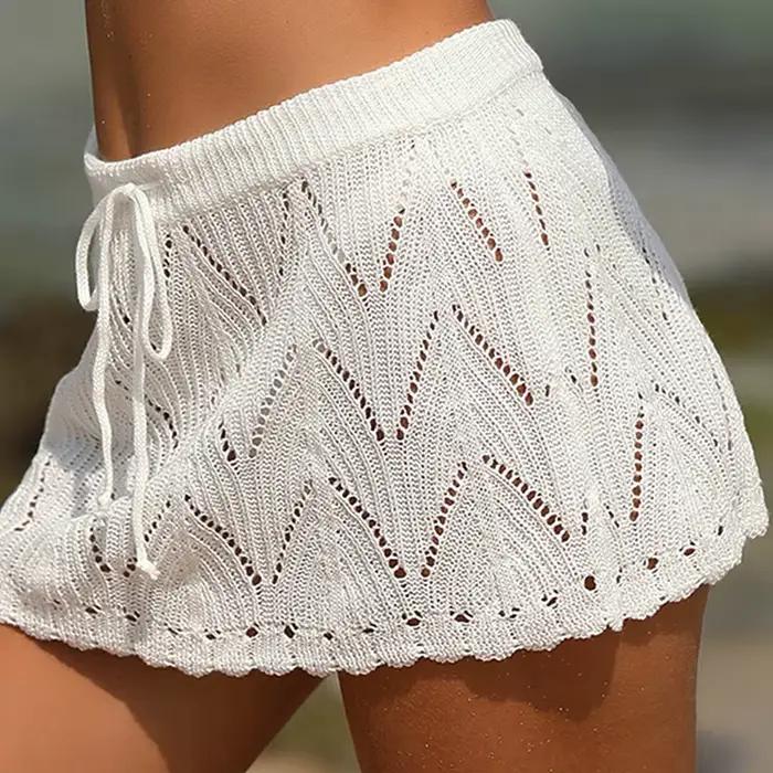 Femmes Crochet plage Bikini couvrir jupes été cordon taille haute tricoté Mini jupes maillots de bai