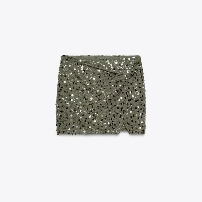 Mini jupe à paillettes pour femmes, taille haute, fermeture éclair irrégulière, ligne a, vêtements C