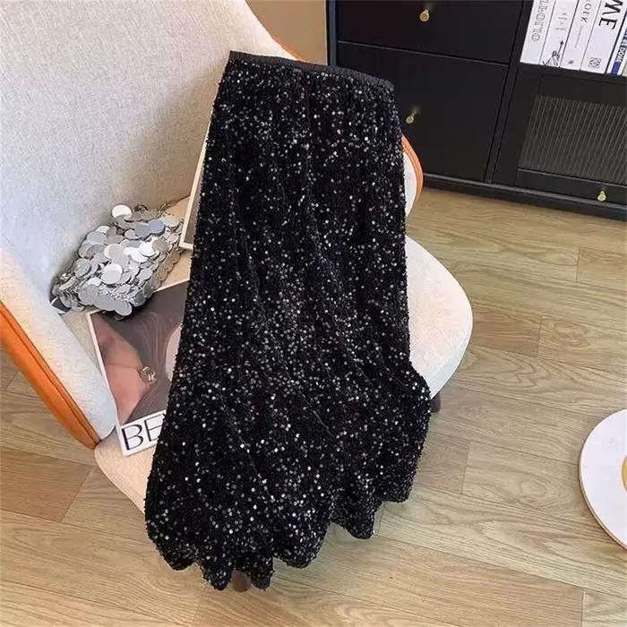 Jupes longues à paillettes noires pour femmes, vêtements de bureau pour dames, jupe midi de soirée, 