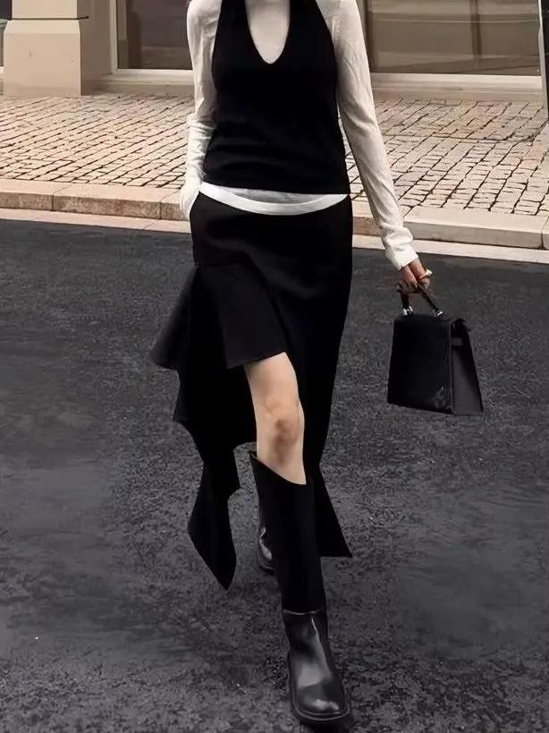 Jupe noire fendue grande taille pour femme, taille haute, coupe ajustée, design original, asymétriqu