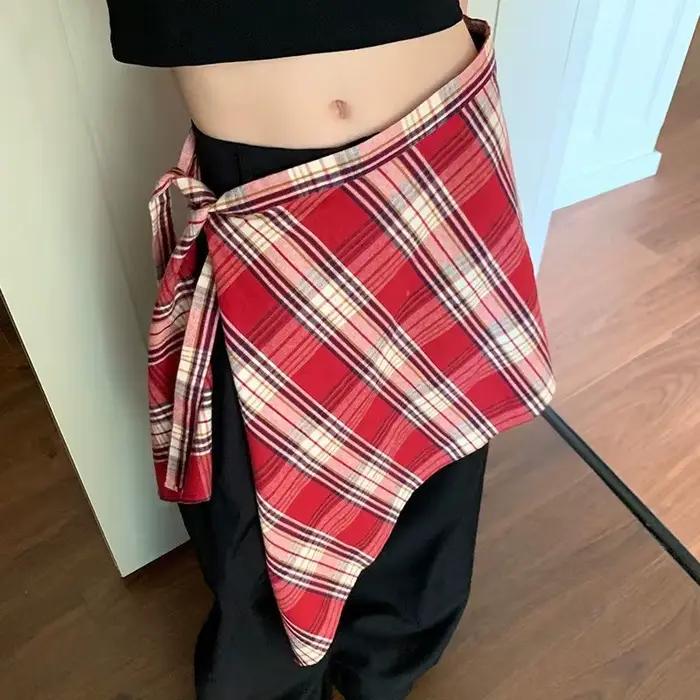 Jupe portefeuille courte à carreaux pour femmes, bords rayés irréguliers, jupe superposée à la mode 