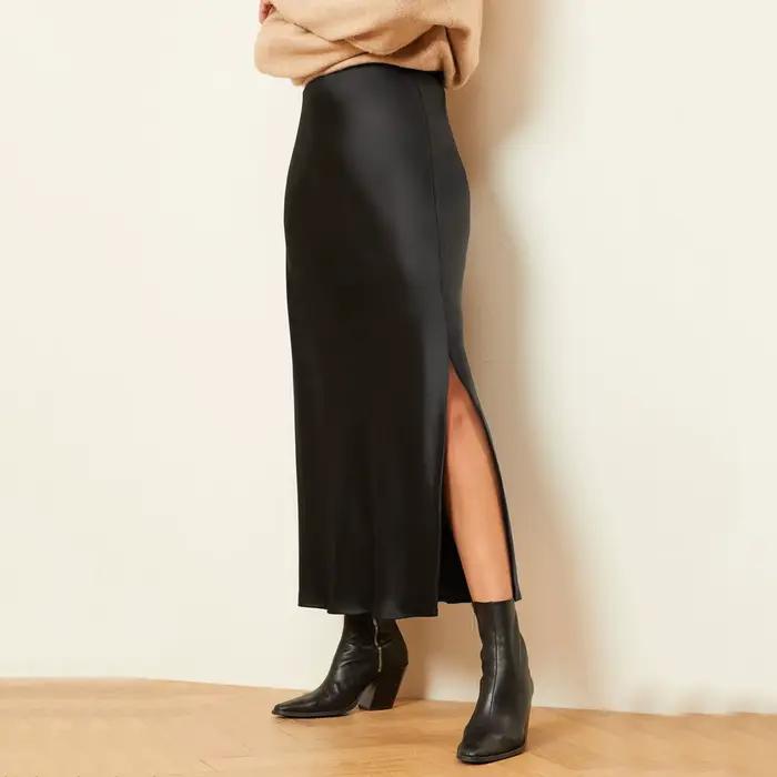 InjSatin-Jupe taille haute avec fente pour femme, style coréen, mode élégante, couleur unie, longue,