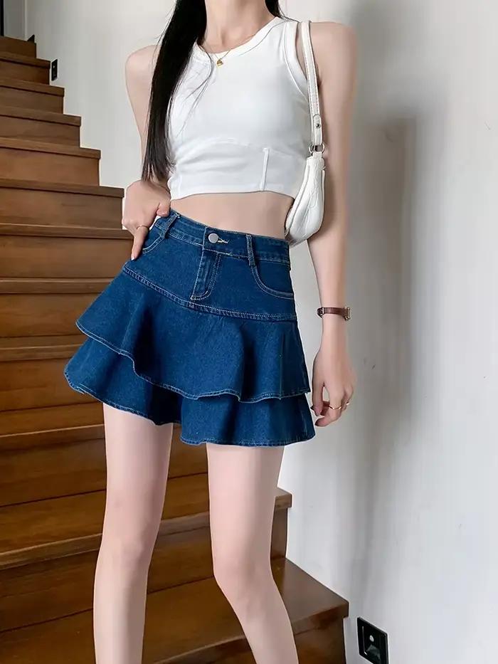 Jupe short en jean pour femme, vintage, streetwear, robe de RhKawaii délavée, mini jean à volants, é