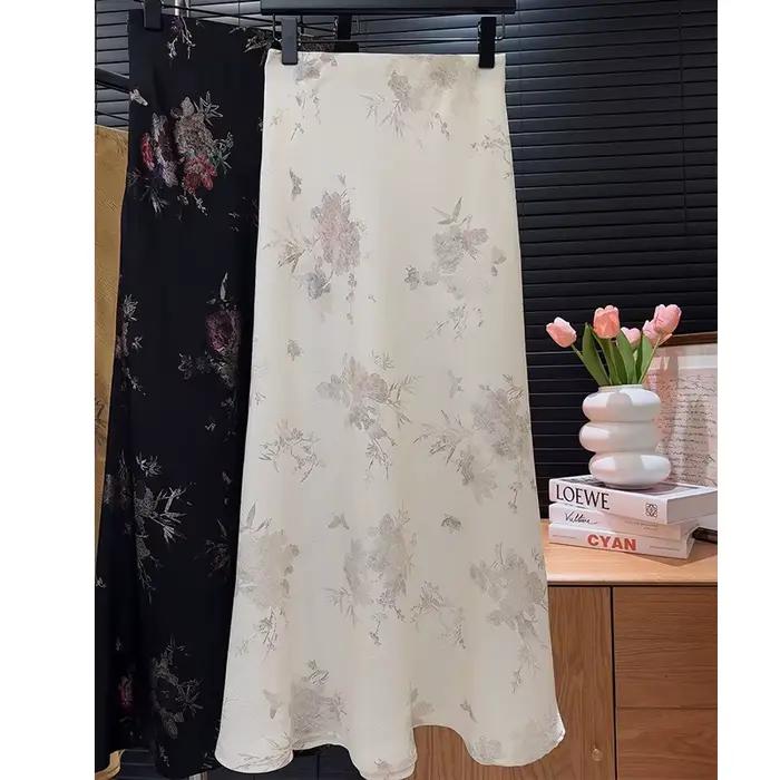 2025 nouveauté femmes élégant Vintage jupe taille haute fleur Sexy Satin Maxi jupes Faldas Femme Str