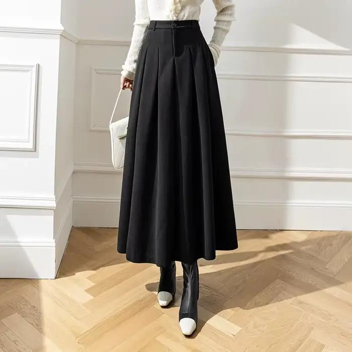 Jupes longues en laine pour femmes, Vintage, Streetwear, Taille haute, Maxi plissé, Grande balançoir