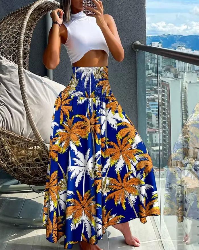 Jupe longue en coton à imprimé floral pour femmes, vêtement de plage, taille haute, été