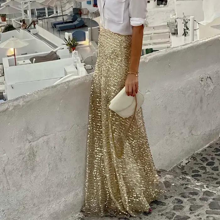Jupes en tricot pour femmes femmes jupes taille élastique or paillettes paillettes jupe élégante cou