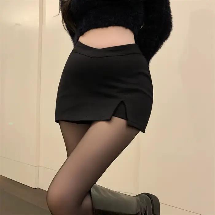 Mini jupes fendues noires pour femmes, jupe fendue taille haute, mode de fête coréenne, irrégulière,