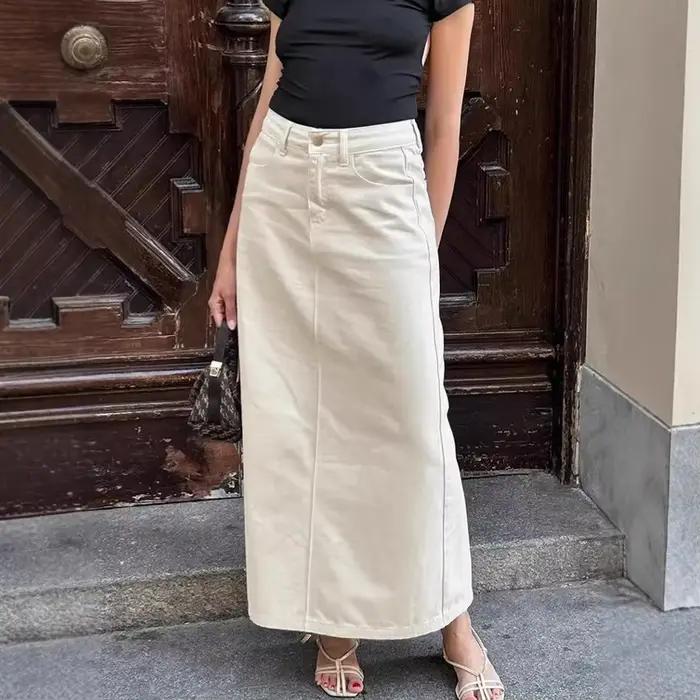 Jupe en jean droite Beige, taille haute, Style utilitaire, fente latérale, ligne a, mi-longue, jupe 